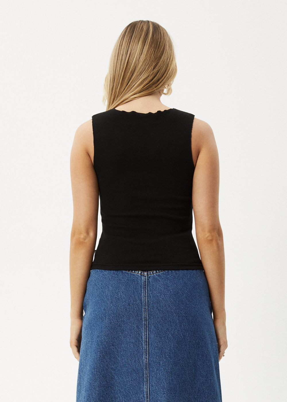 Womens Rib High Neck Tank Peony - Black - AFENDS