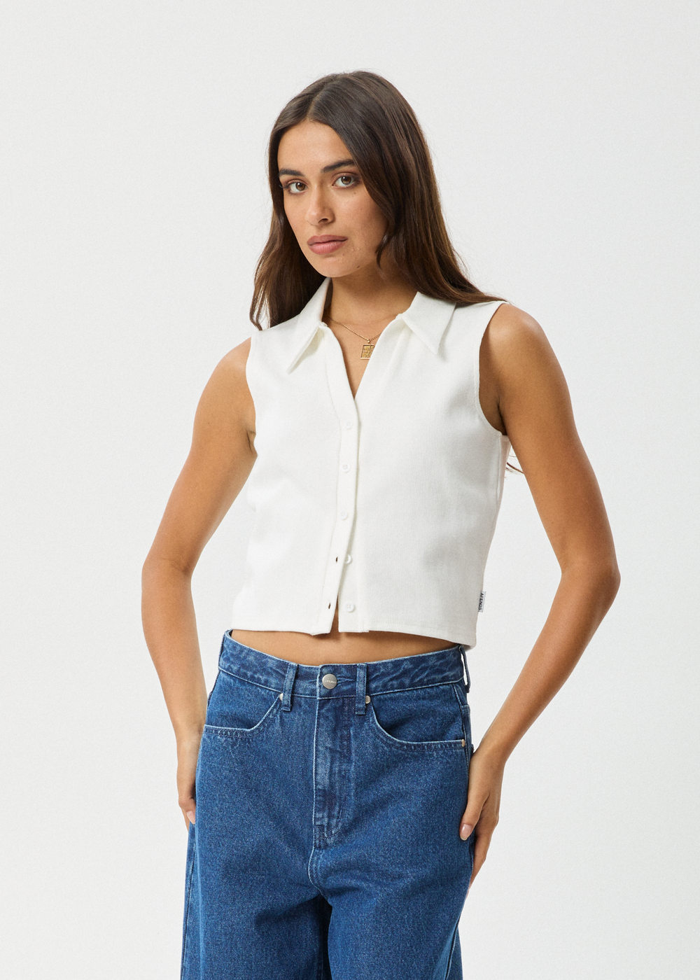 Womens Rib Sleeveless Shirt Eliza - White - AFENDS