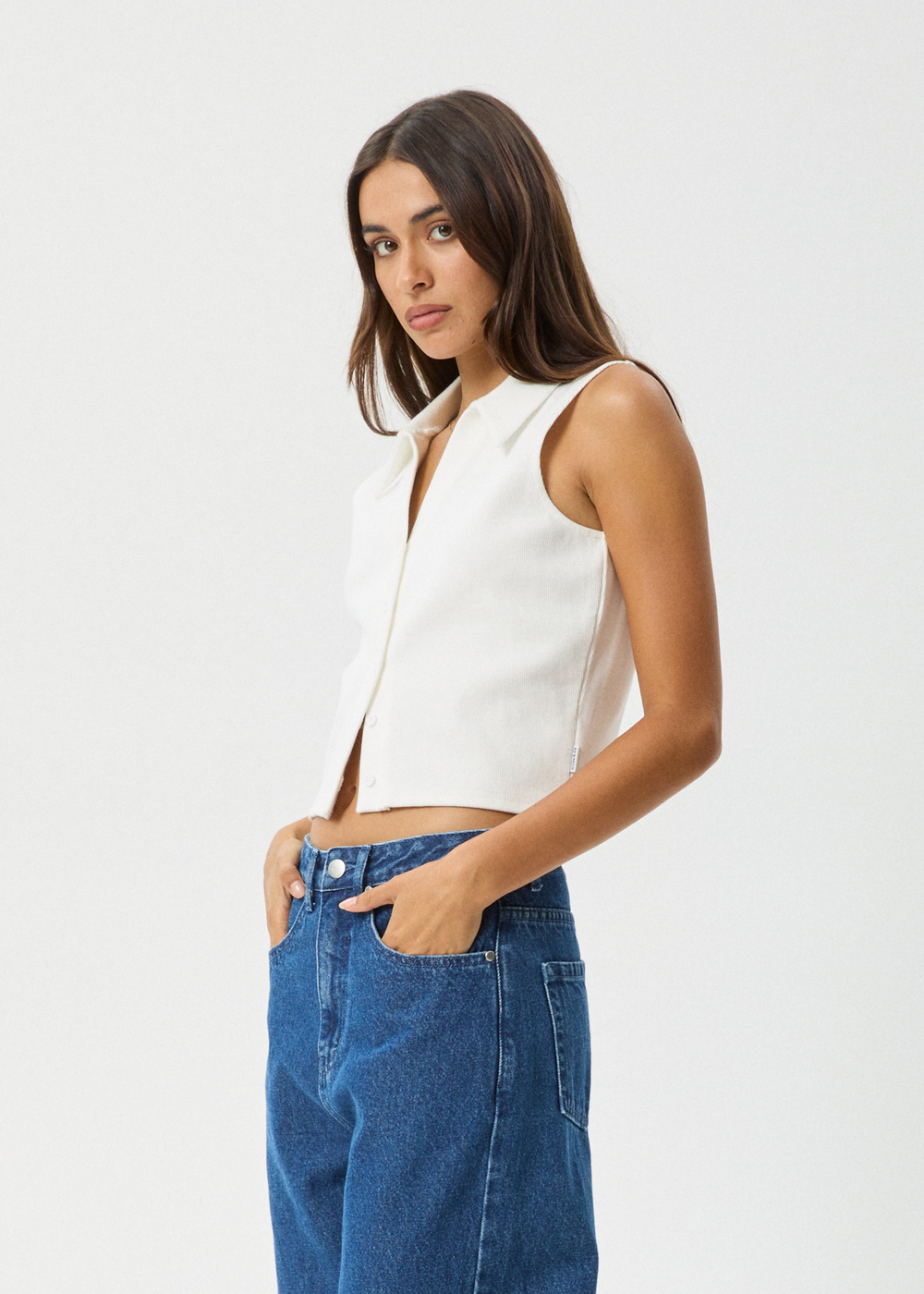 Womens Rib Sleeveless Shirt Eliza - White - AFENDS