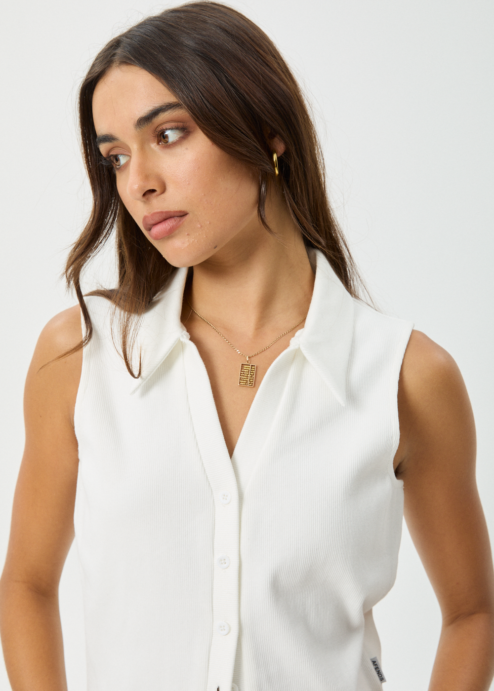 Womens Rib Sleeveless Shirt Eliza - White - AFENDS