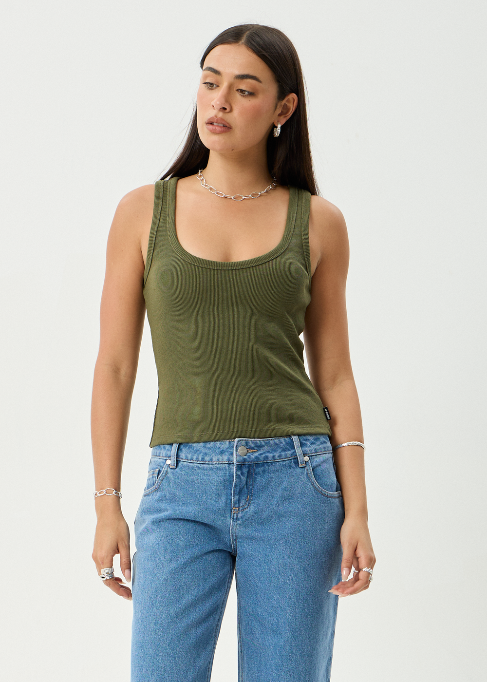Womens Rib Singlet Layden - Deep Olive - AFENDS