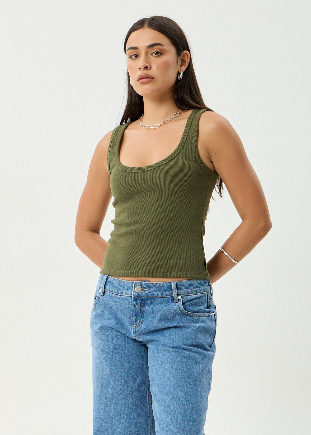 Womens Rib Singlet Layden - Deep Olive - AFENDS