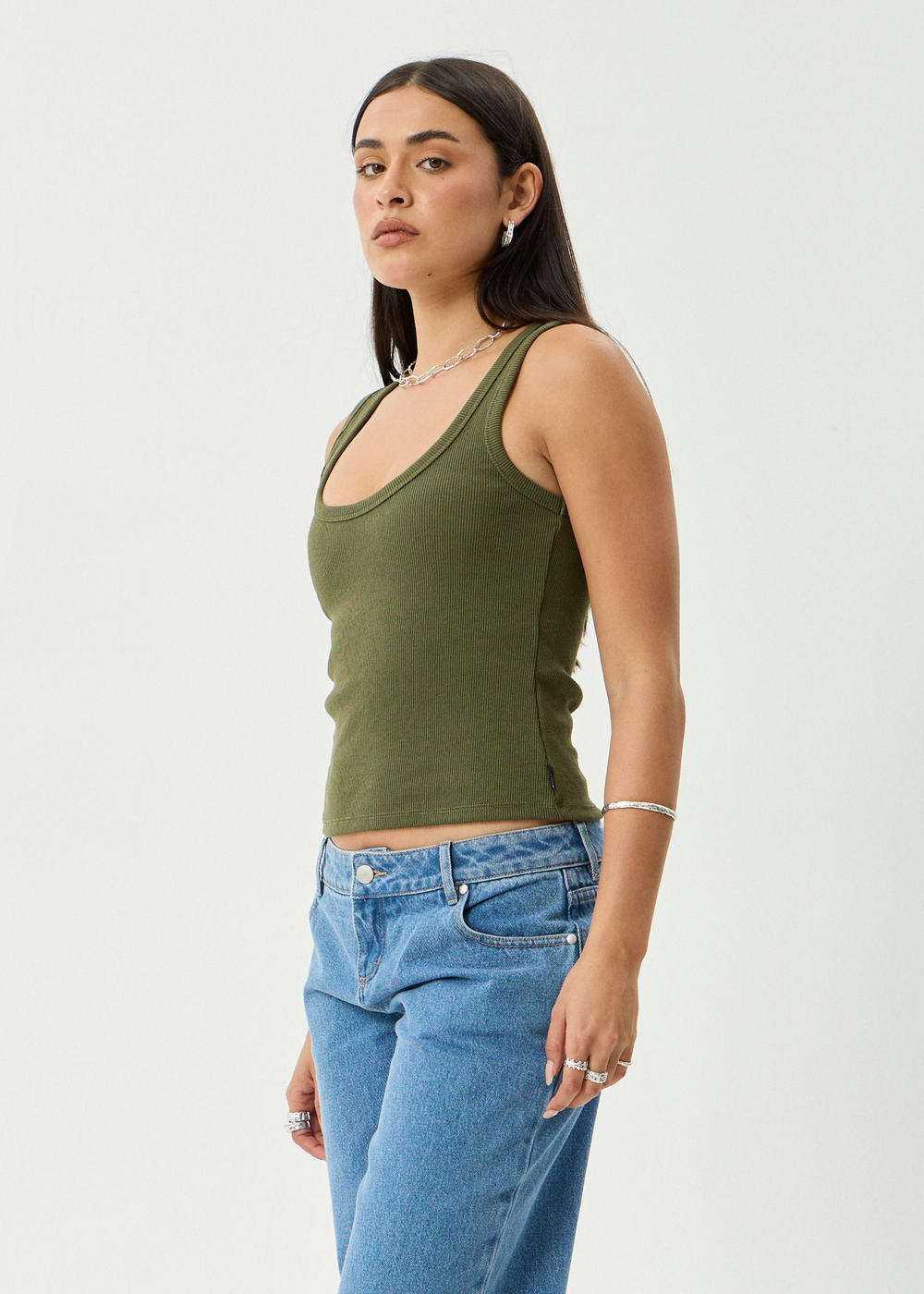 Womens Rib Singlet Layden - Deep Olive - AFENDS