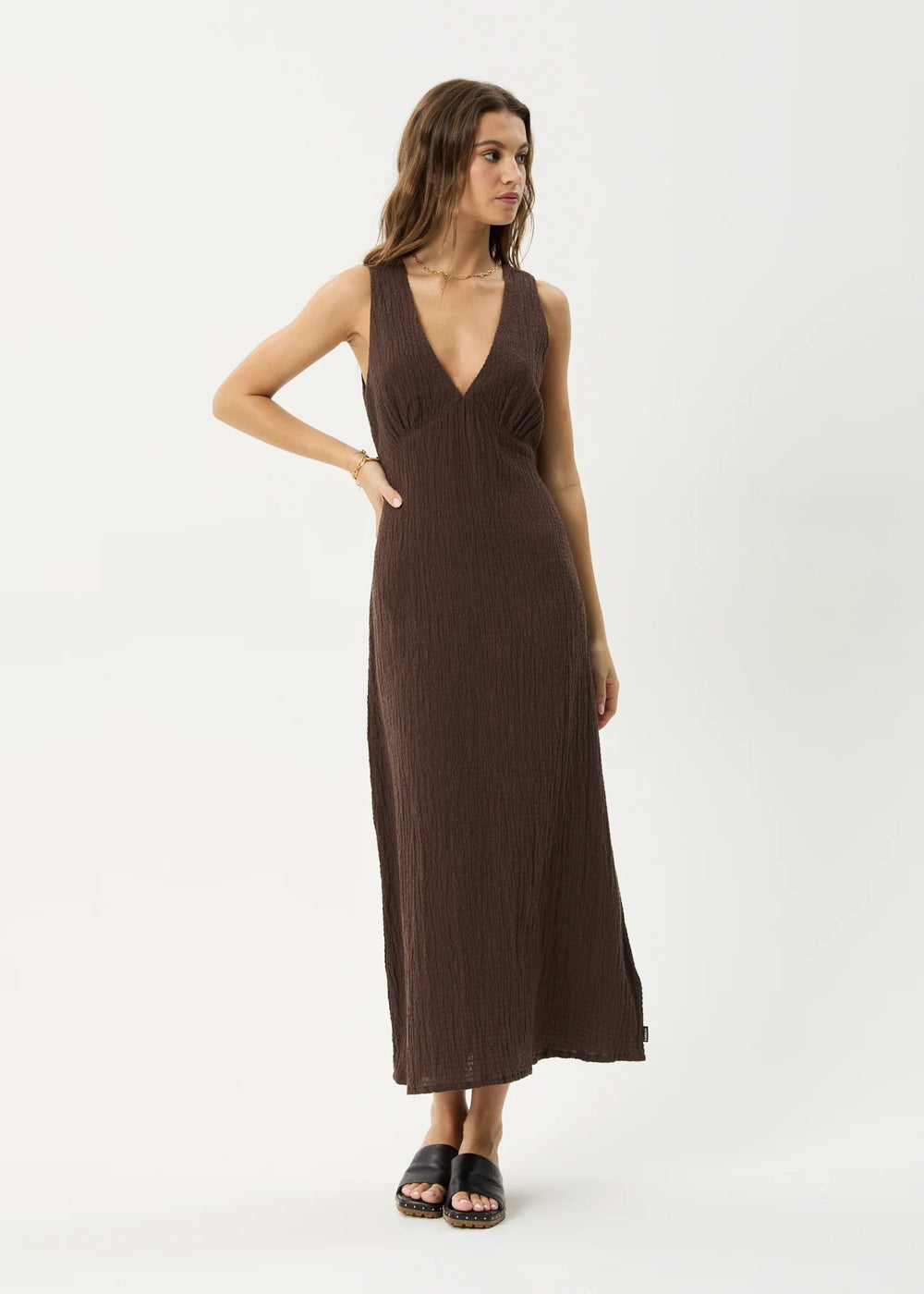 Womens Seersucker Maxi Dress Tully - Coffee - AFENDS