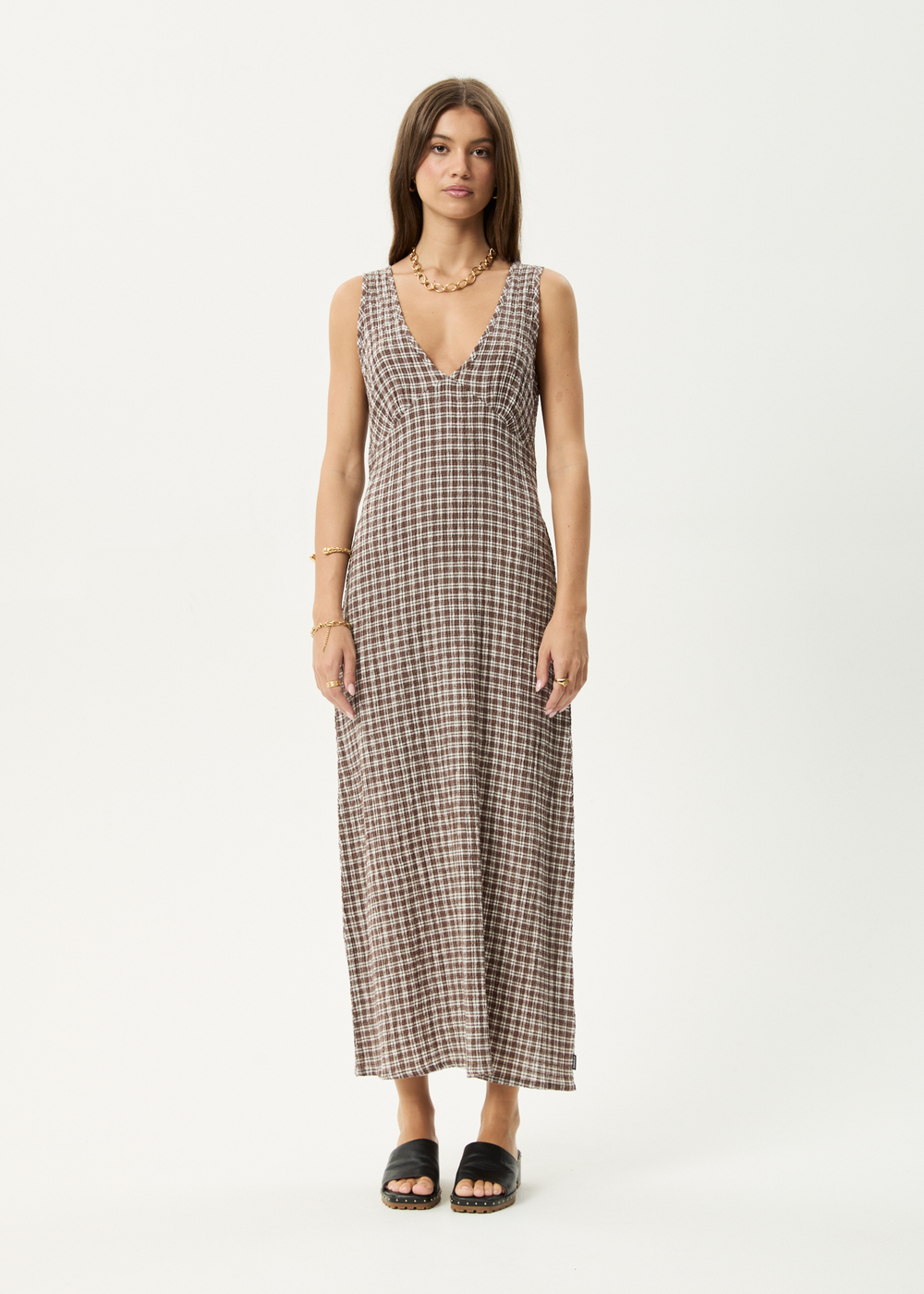 Womens Seersucker Maxi Dress Tully - Base Coffee Check - AFENDS