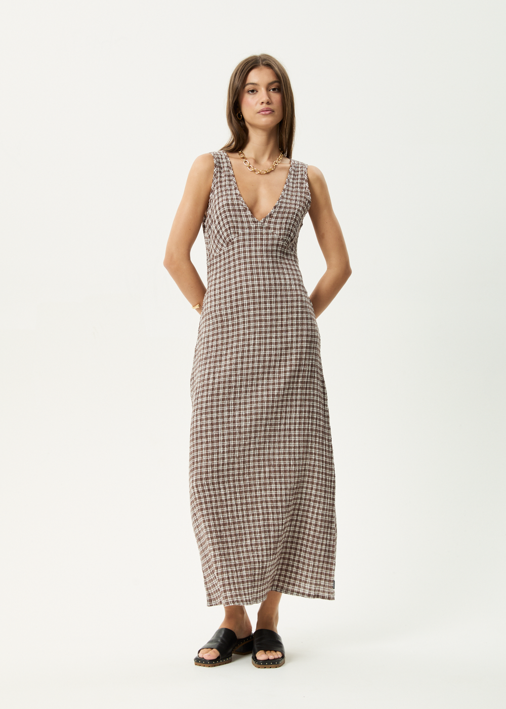 Womens Seersucker Maxi Dress Tully - Base Coffee Check - AFENDS