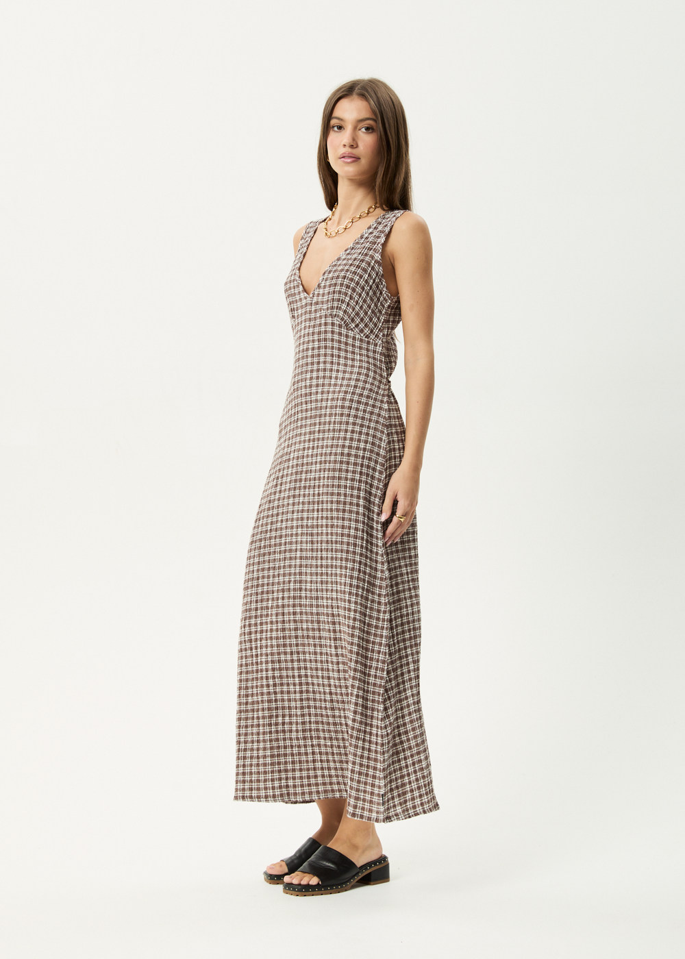 Womens Seersucker Maxi Dress Tully - Base Coffee Check - AFENDS
