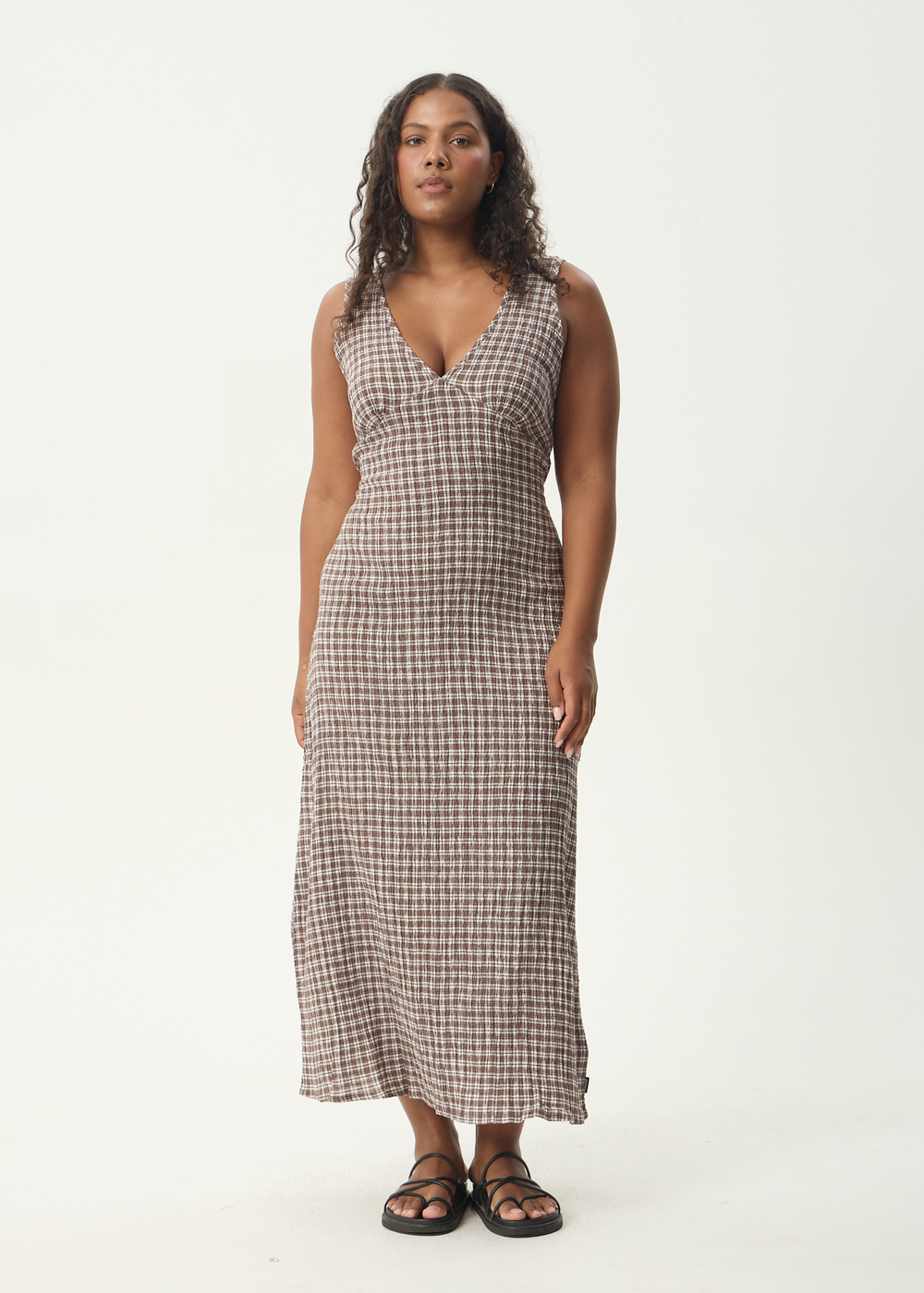 Womens Seersucker Maxi Dress Tully - Base Coffee Check - AFENDS