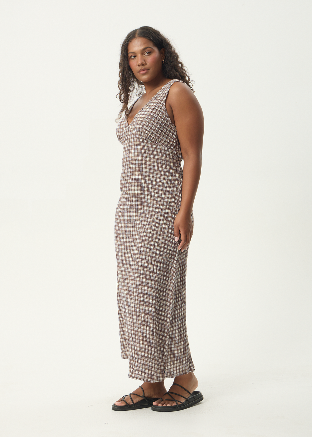 Womens Seersucker Maxi Dress Tully - Base Coffee Check - AFENDS