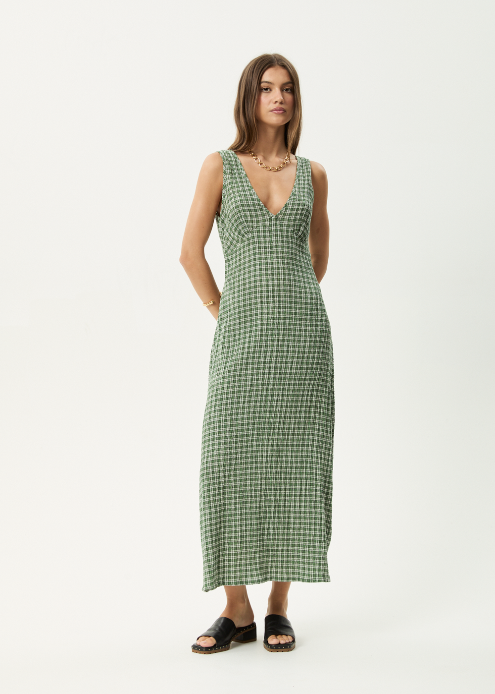 Womens Seersucker Maxi Dress Tully - Base Deep Green Check - AFENDS