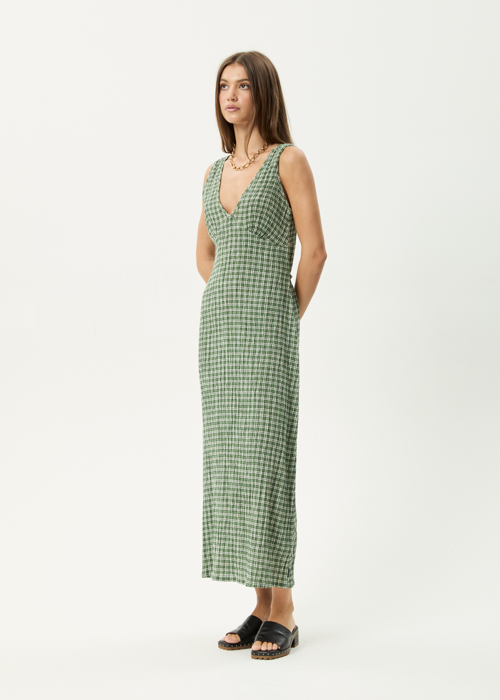 Womens Seersucker Maxi Dress Tully - Base Deep Green Check - AFENDS