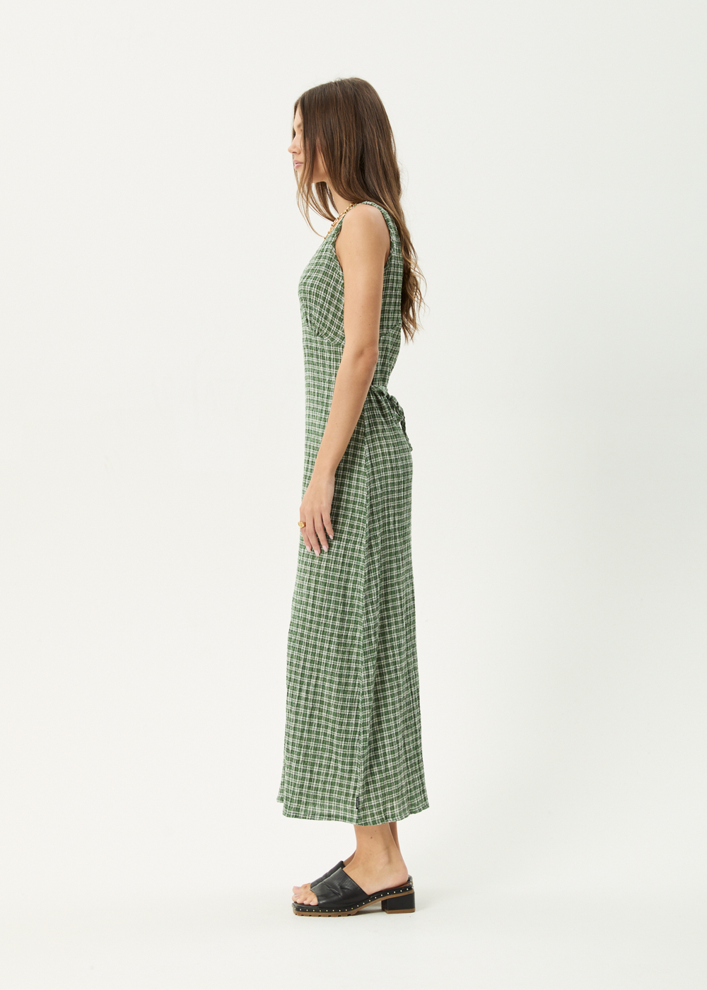 Womens Seersucker Maxi Dress Tully - Base Deep Green Check - AFENDS