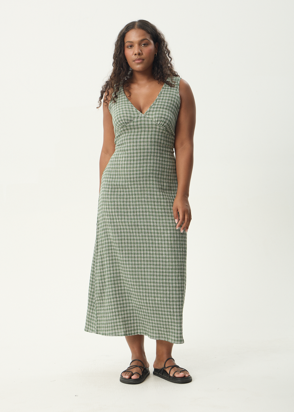 Womens Seersucker Maxi Dress Tully - Base Deep Green Check - AFENDS
