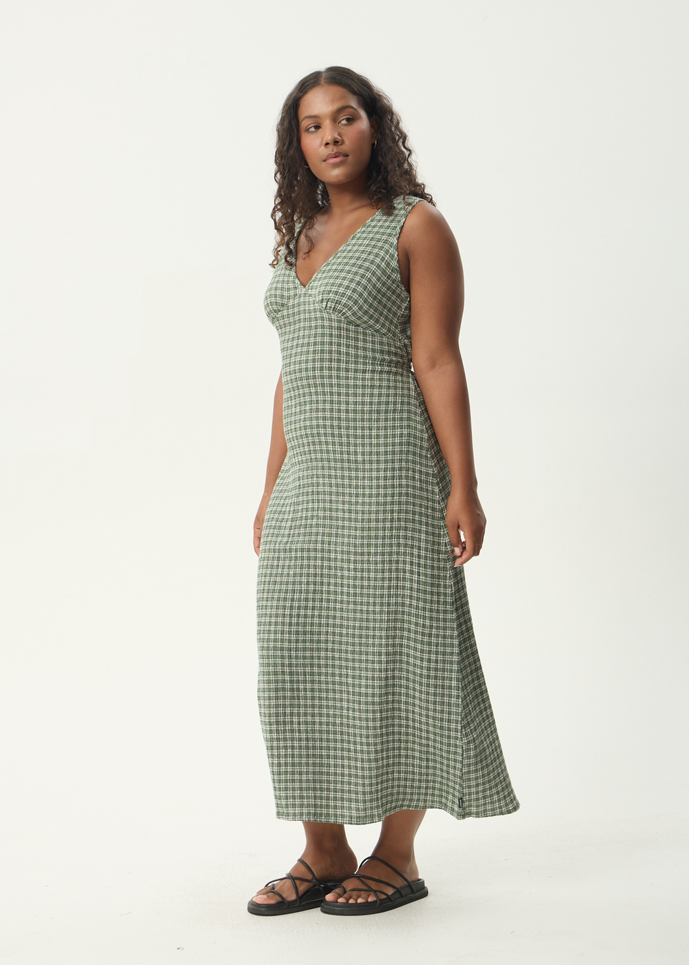 Womens Seersucker Maxi Dress Tully - Base Deep Green Check - AFENDS