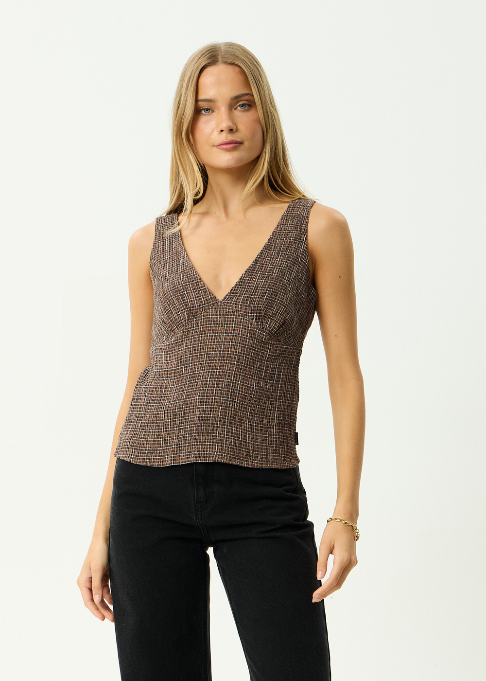 Womens Seersucker Top Giselle - Coffee - AFENDS