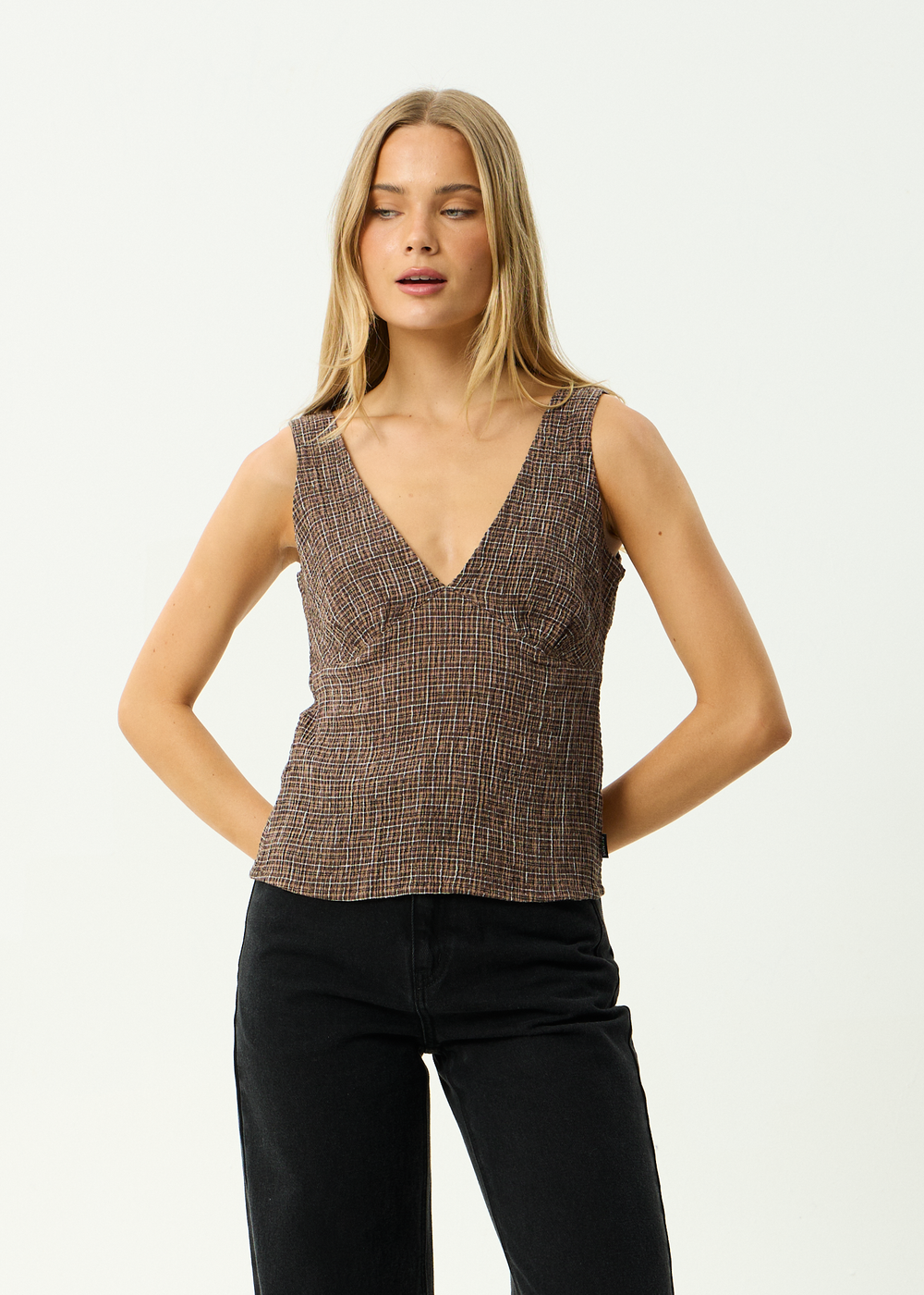 Womens Seersucker Top Giselle - Coffee - AFENDS