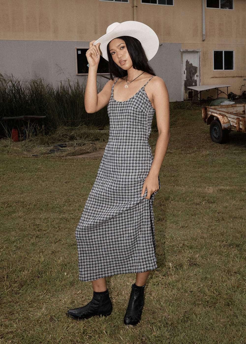 Womens Seersucker Midi Dress Rumi - Steel Check - AFENDS