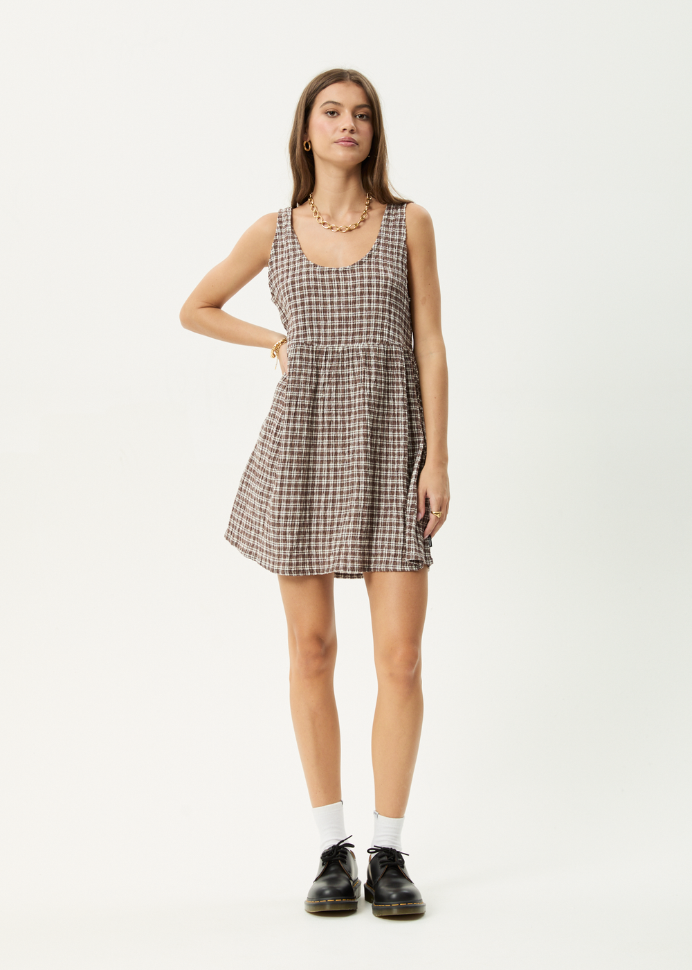Womens Seersucker Mini Dress Jesse - Coffee Check - AFENDS