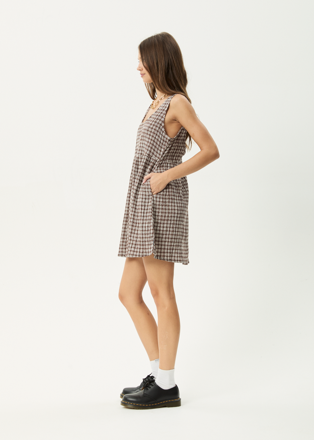 Womens Seersucker Mini Dress Jesse - Coffee Check - AFENDS