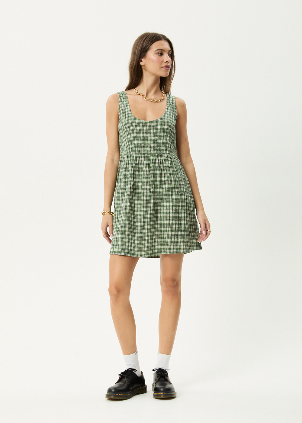 Womens Seersucker Mini Dress Jesse - Deep Green Check - AFENDS