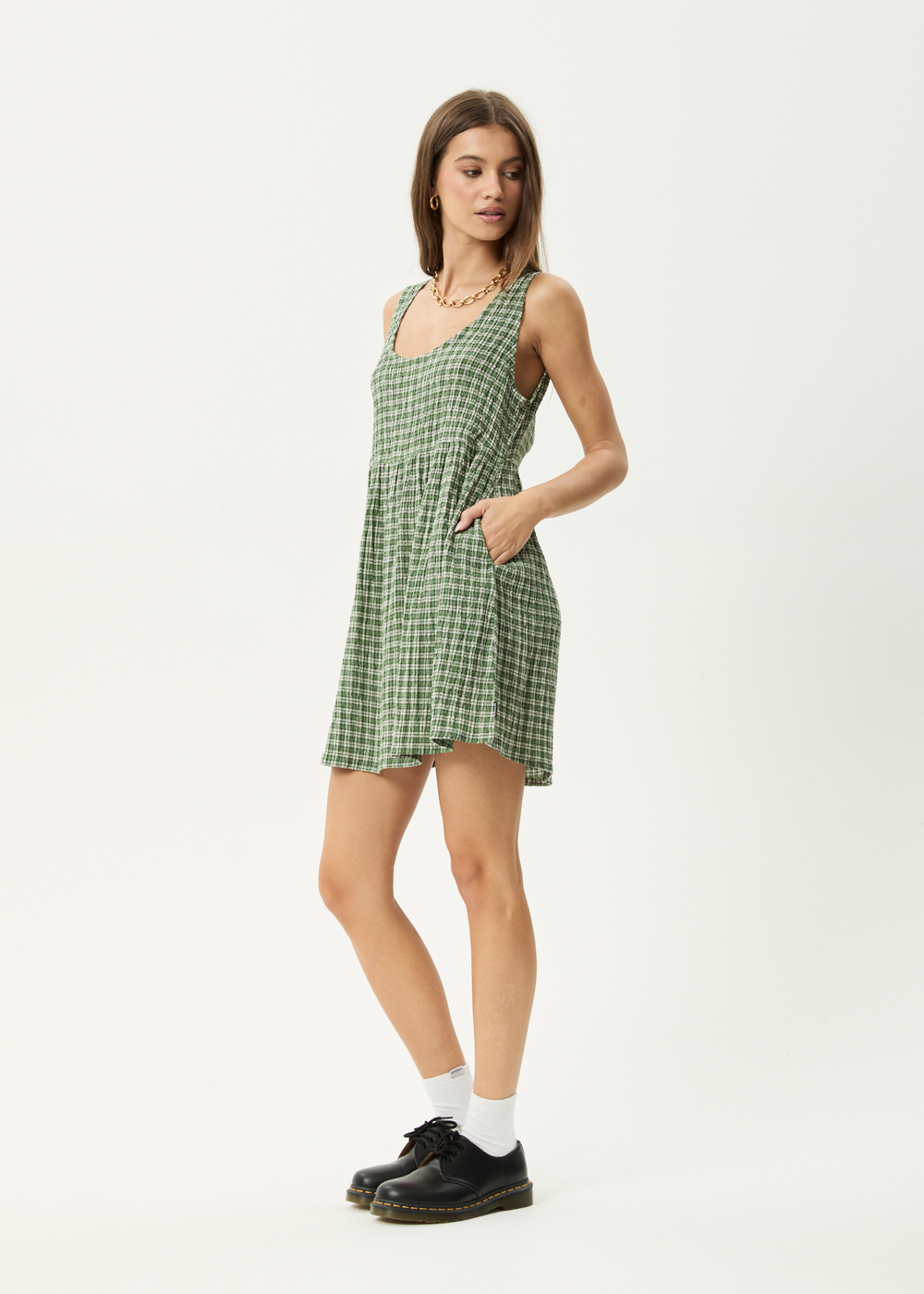 Womens Seersucker Mini Dress Jesse - Deep Green Check - AFENDS