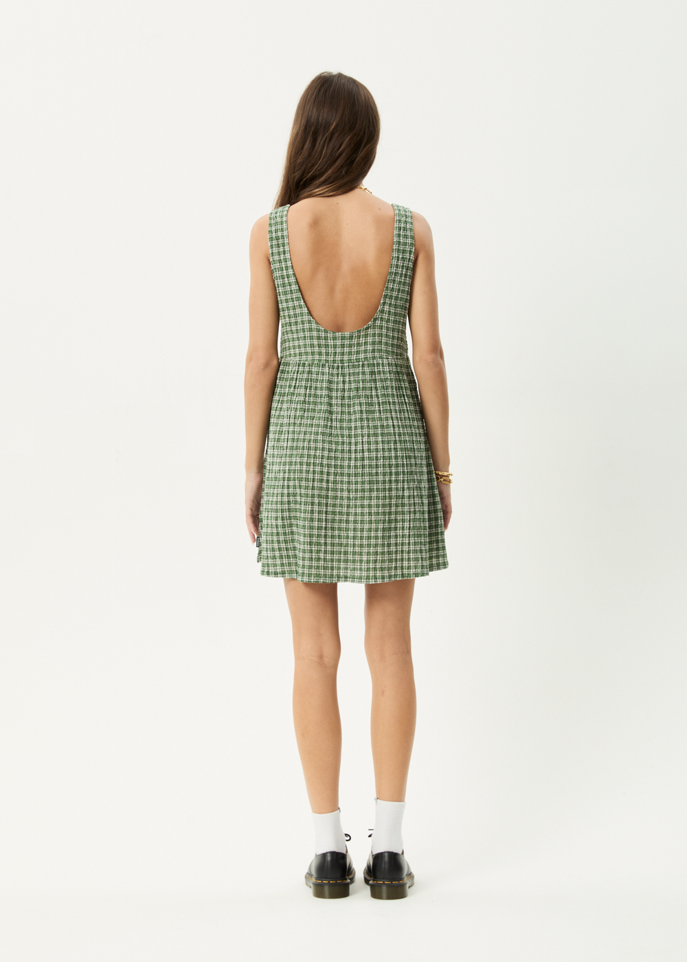 Womens Seersucker Mini Dress Jesse - Deep Green Check - AFENDS