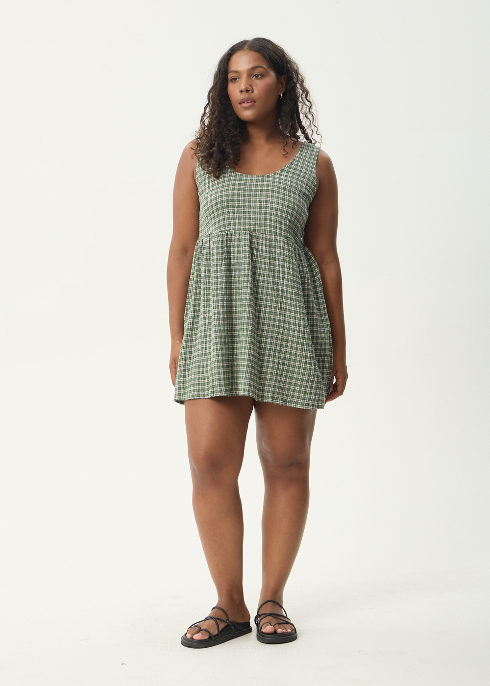 Womens Seersucker Mini Dress Jesse - Deep Green Check - AFENDS