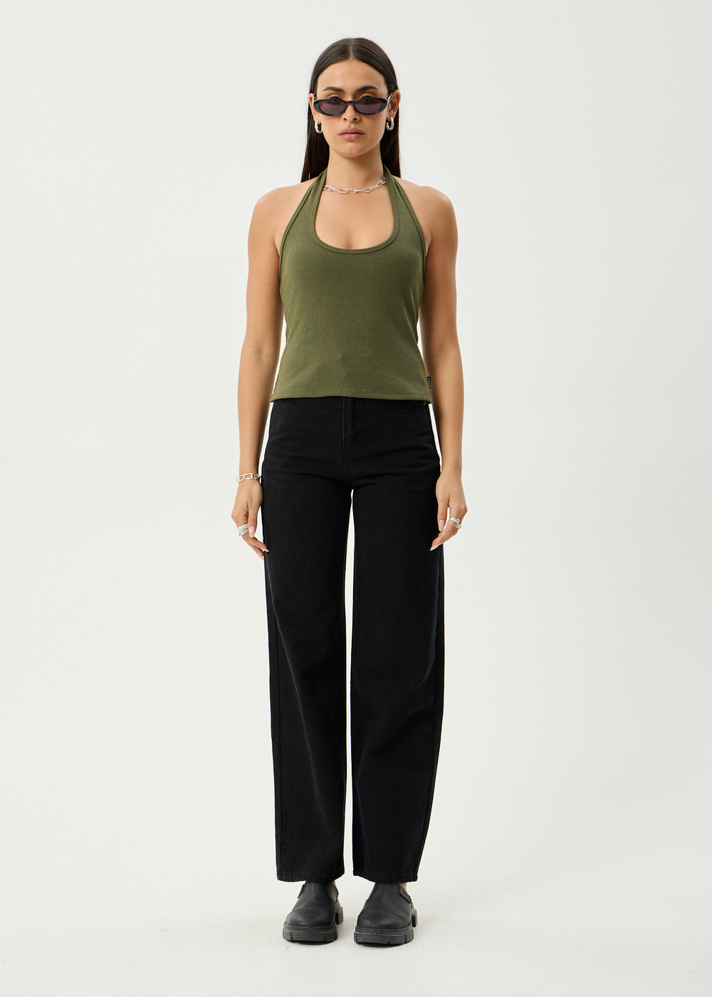 Womens Rib Halter Basis - Deep Olive - AFENDS