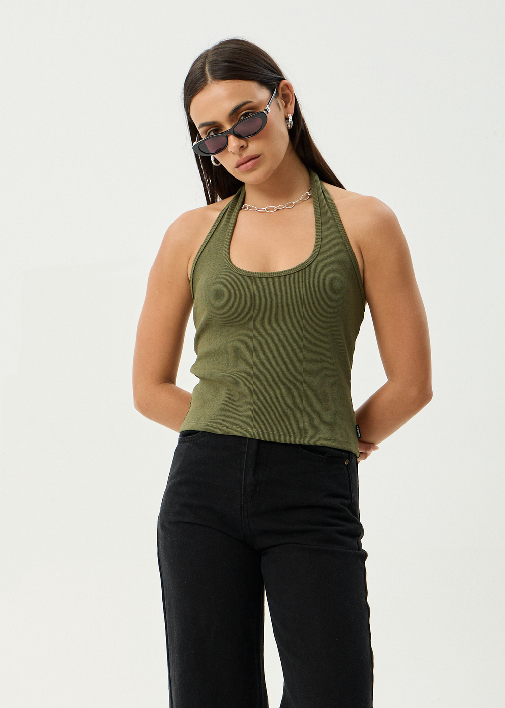 Womens Rib Halter Basis - Deep Olive - AFENDS