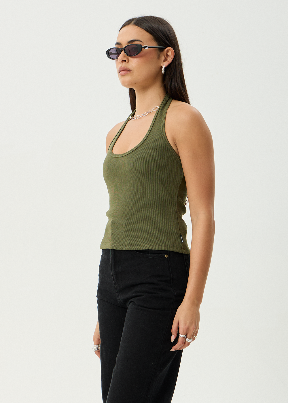 Womens Rib Halter Basis - Deep Olive - AFENDS