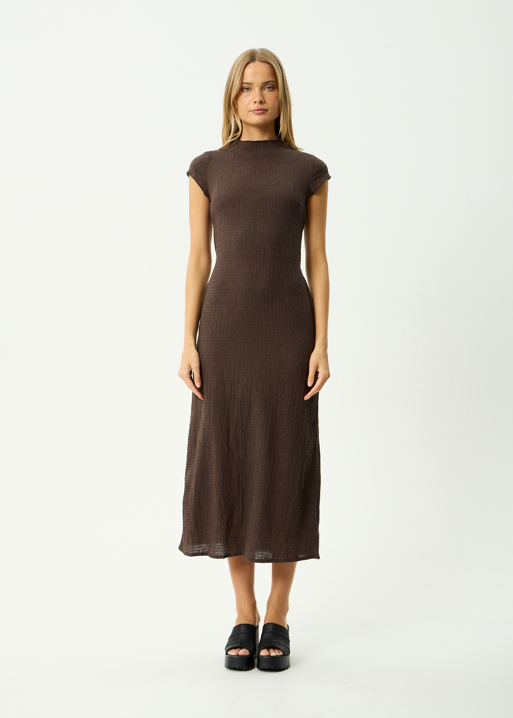 Womens Seersucker Midi Dress Elodie - Coffee - AFENDS
