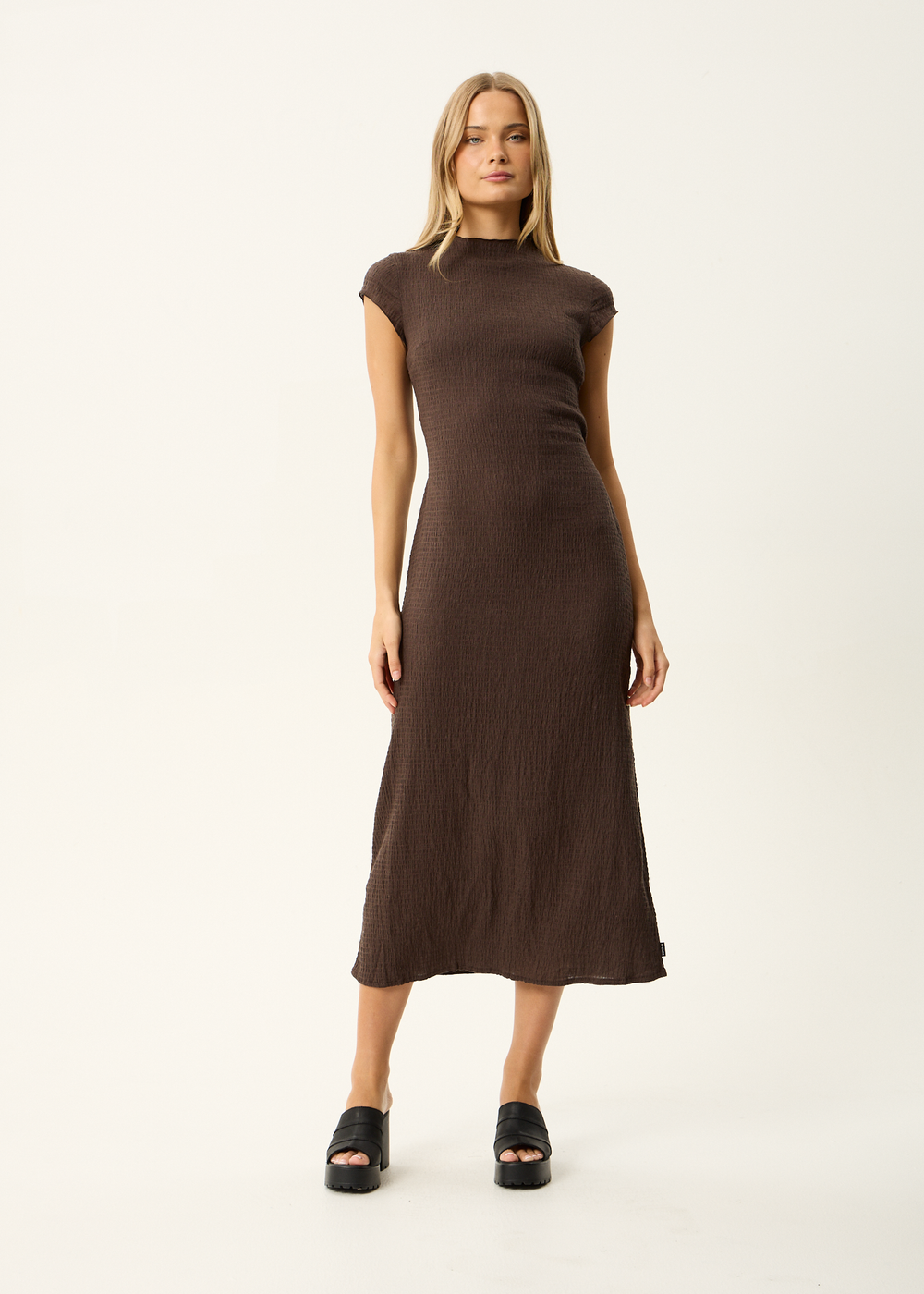 Womens Seersucker Midi Dress Elodie - Coffee - AFENDS