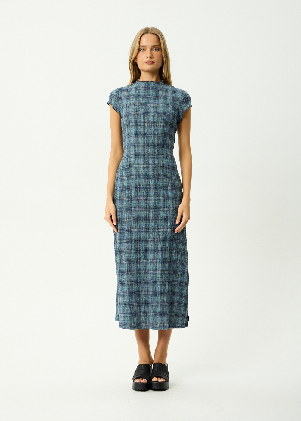 Womens Seersucker Midi Dress Elodie - Position Navy Check - AFENDS