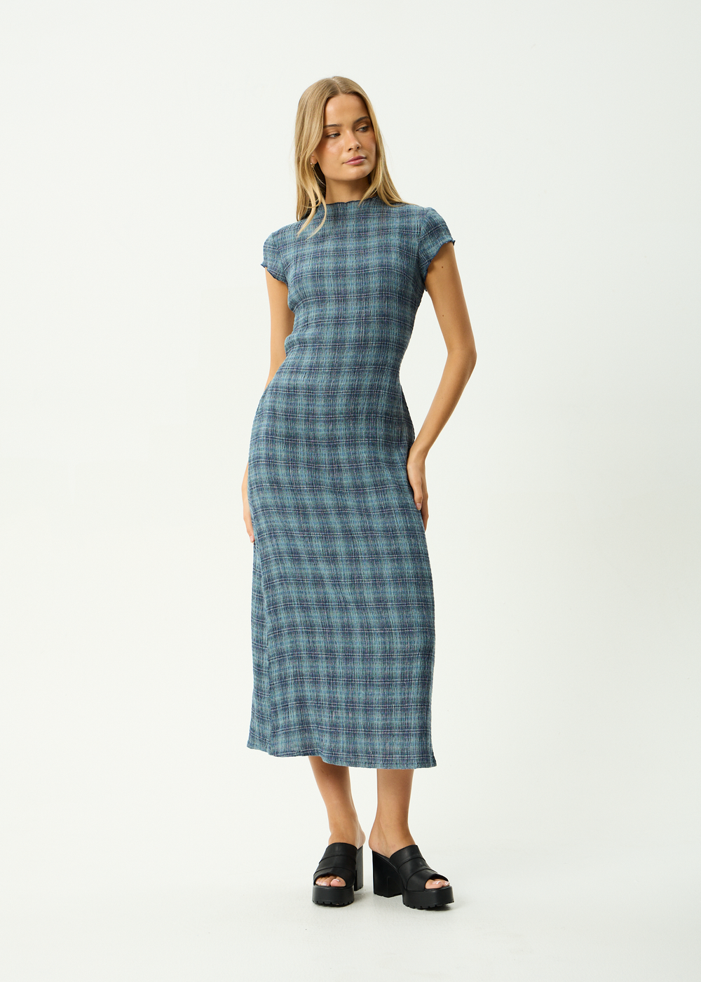 Womens Seersucker Midi Dress Elodie - Position Navy Check - AFENDS