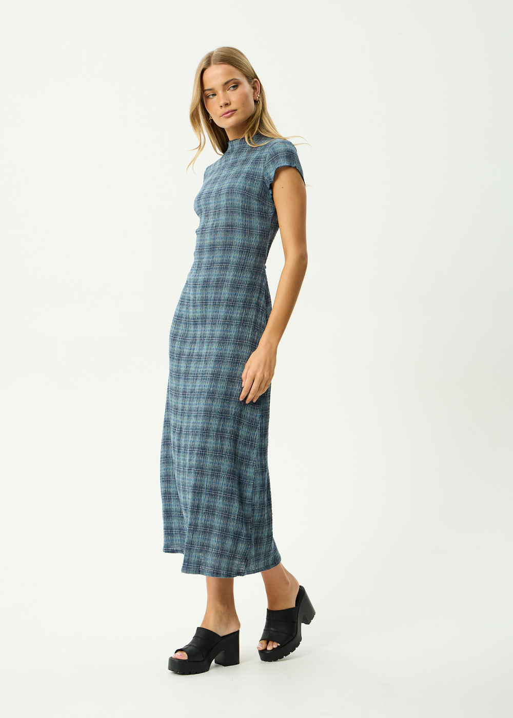 Womens Seersucker Midi Dress Elodie - Position Navy Check - AFENDS