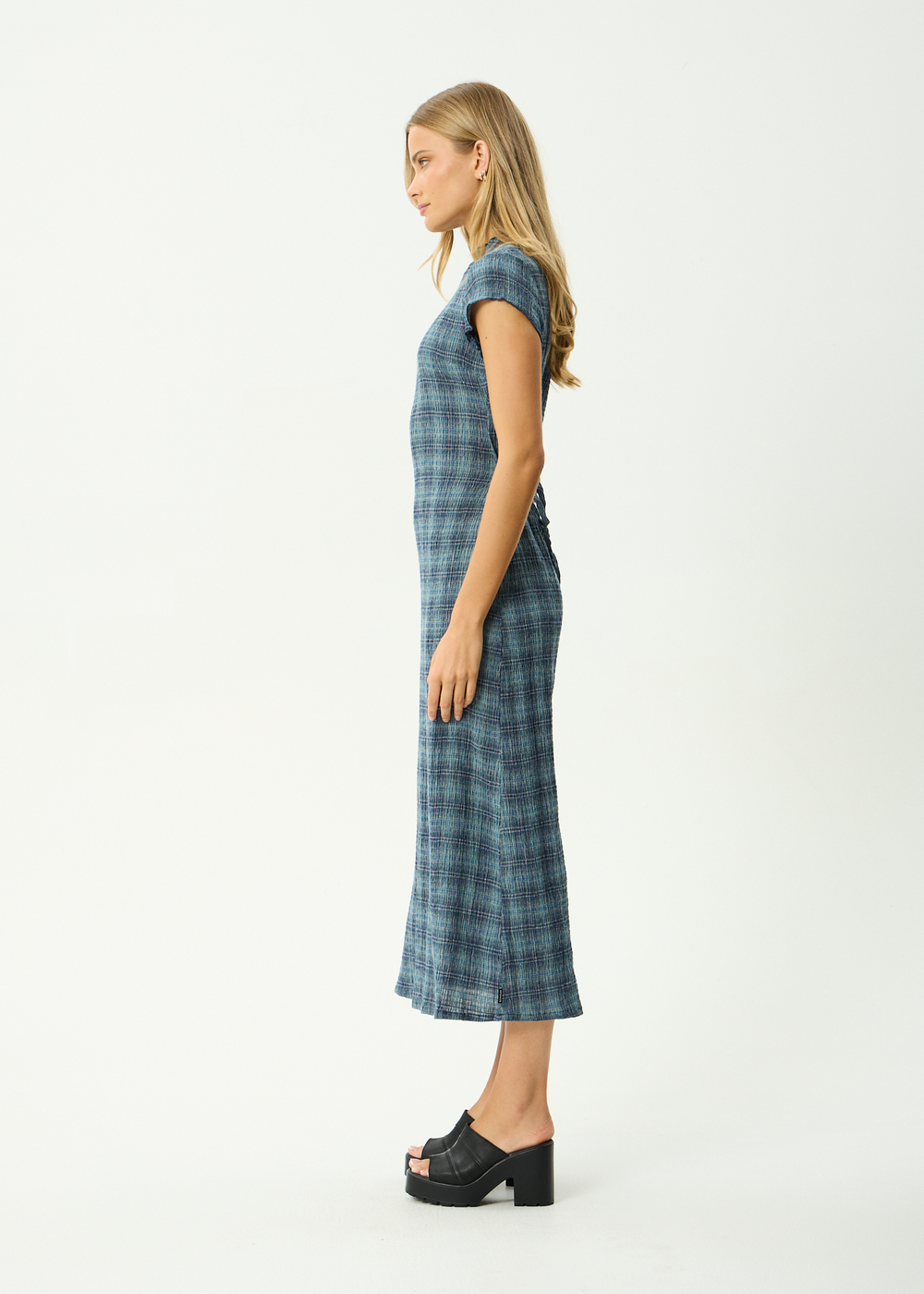 Womens Seersucker Midi Dress Elodie - Position Navy Check - AFENDS