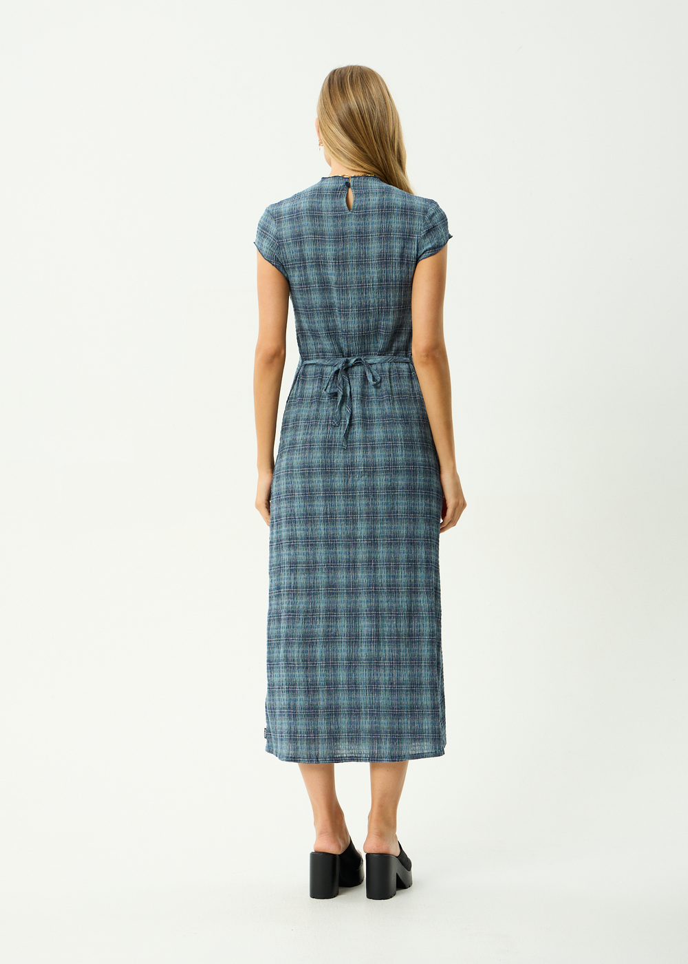 Womens Seersucker Midi Dress Elodie - Position Navy Check - AFENDS