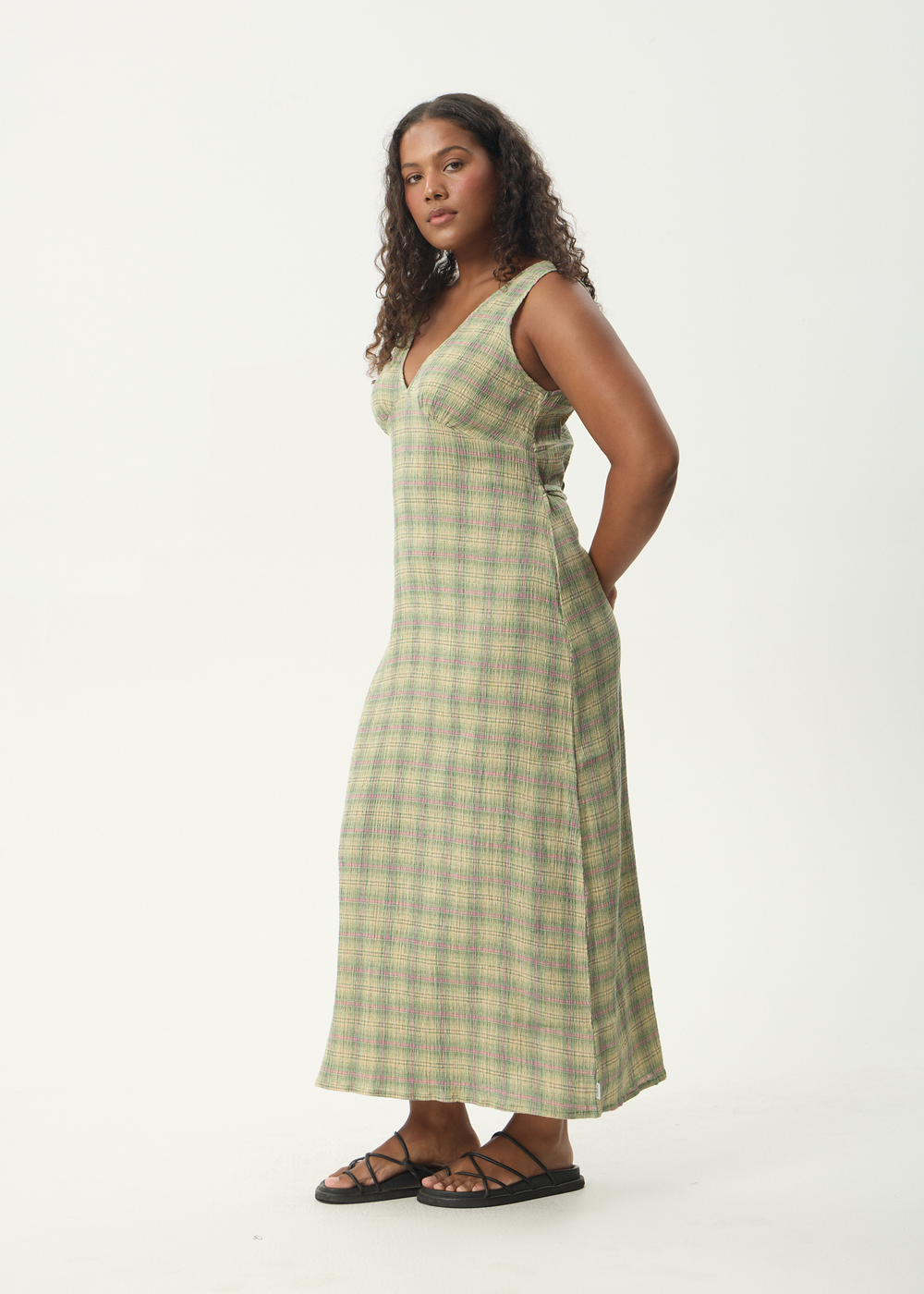 Womens Seersucker Maxi Dress Tully - Position Green Check - AFENDS