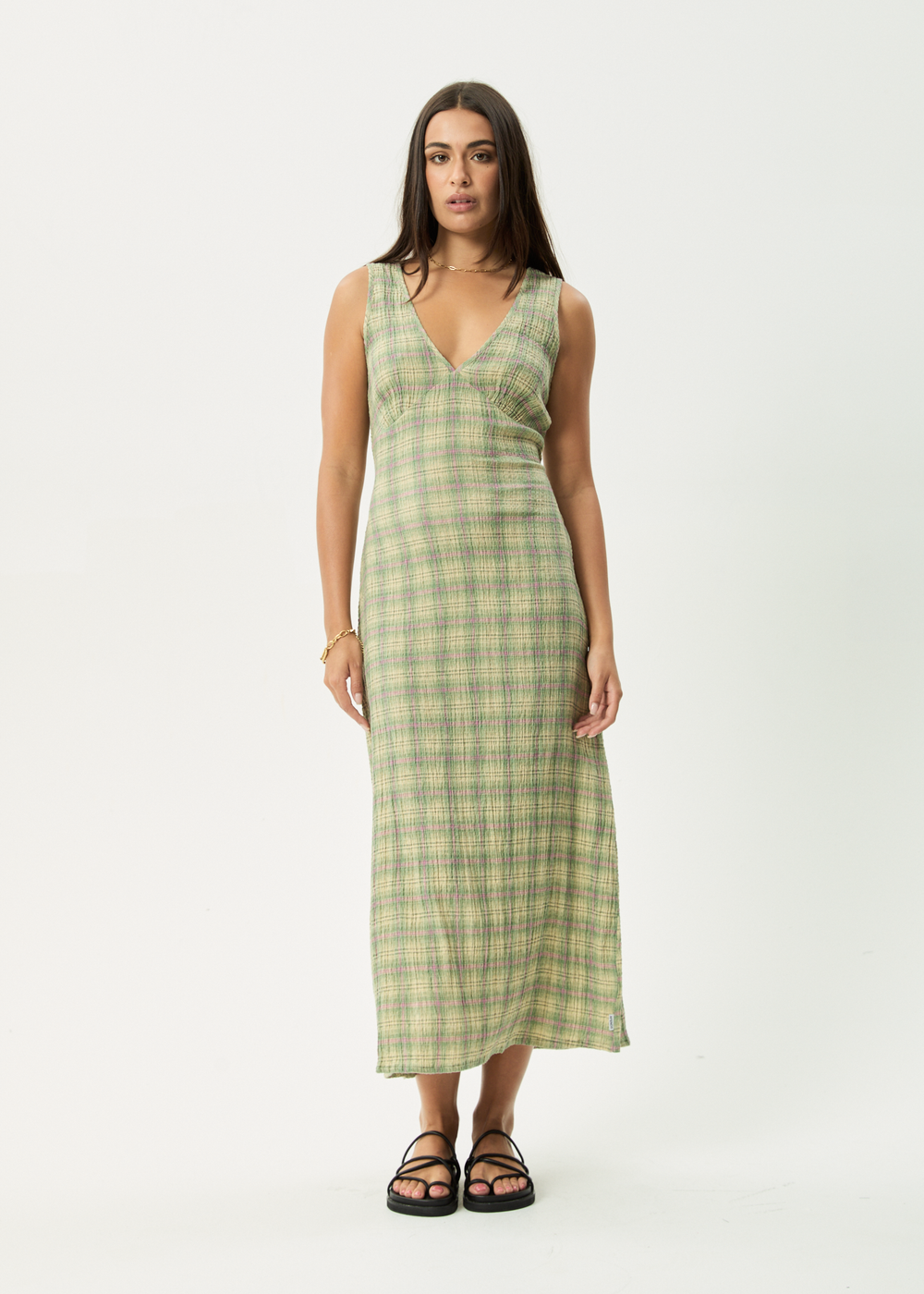 Womens Seersucker Maxi Dress Tully - Position Green Check - AFENDS