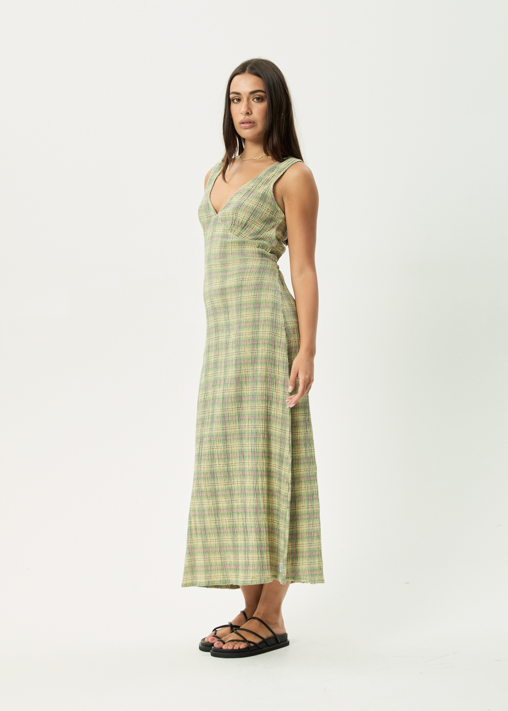 Womens Seersucker Maxi Dress Tully - Position Green Check - AFENDS
