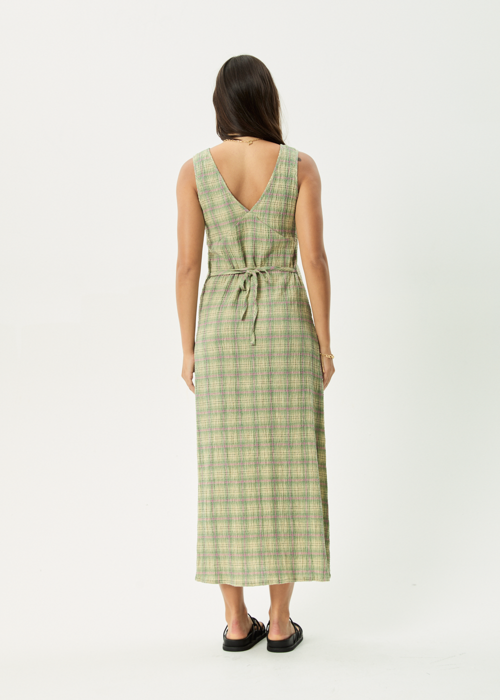 Womens Seersucker Maxi Dress Tully - Position Green Check - AFENDS