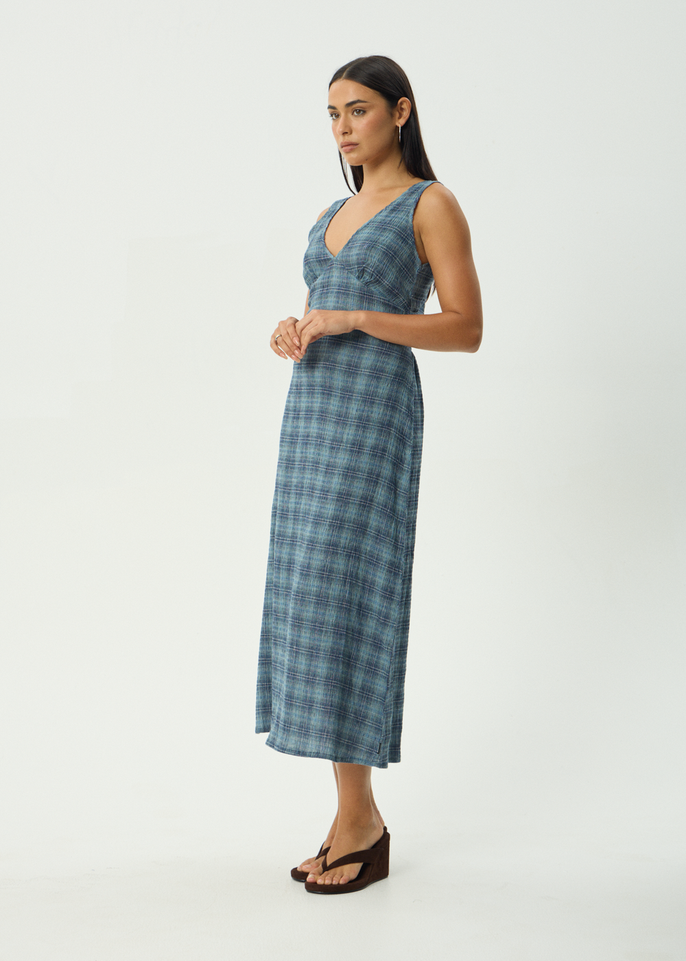 Womens Seersucker Maxi Dress Tully - Position Navy Check - AFENDS