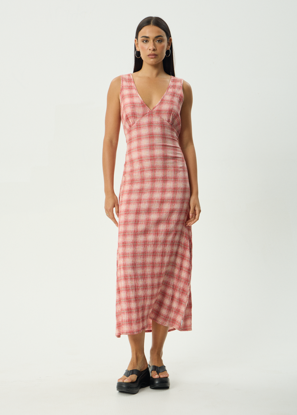 Womens Seersucker Maxi Dress Position Tully - Red Check - AFENDS