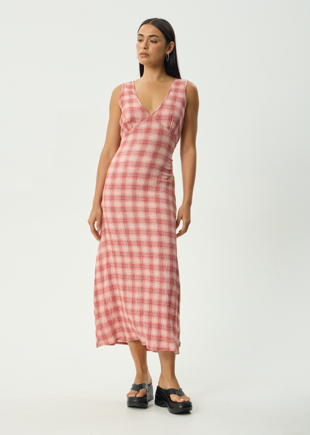Womens Seersucker Maxi Dress Position Tully - Red Check - AFENDS
