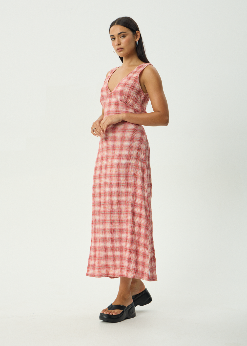 Womens Seersucker Maxi Dress Position Tully - Red Check - AFENDS