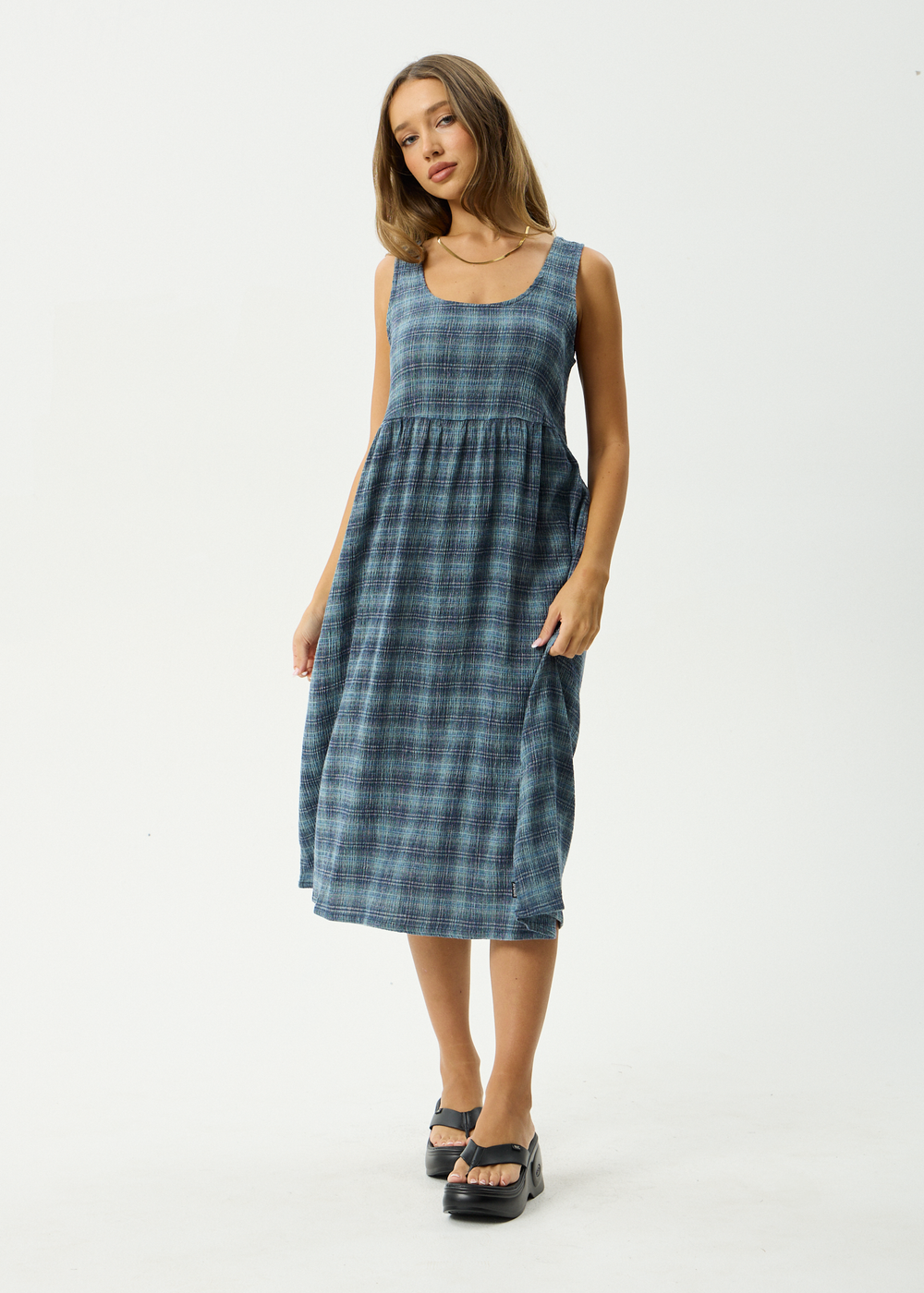 Womens Seersucker Midi Dress Position - Navy Check - AFENDS