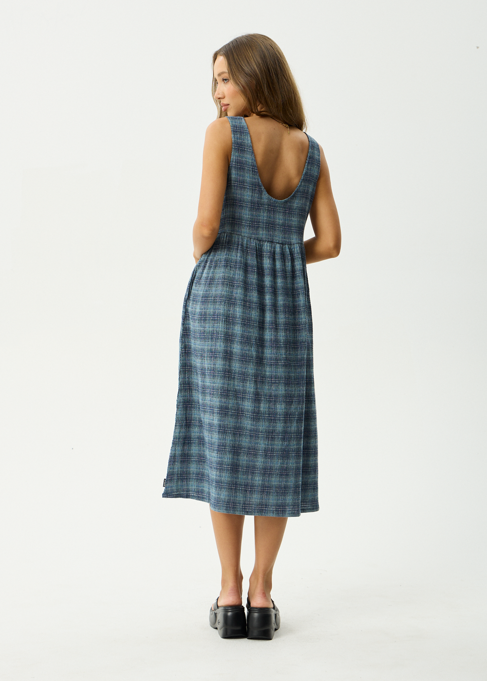 Womens Seersucker Midi Dress Position - Navy Check - AFENDS