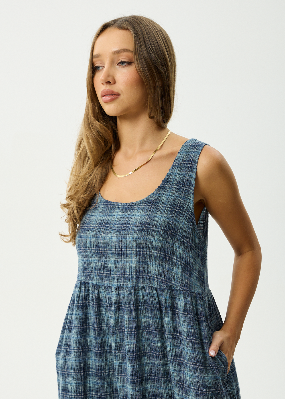 Womens Seersucker Midi Dress Position - Navy Check - AFENDS