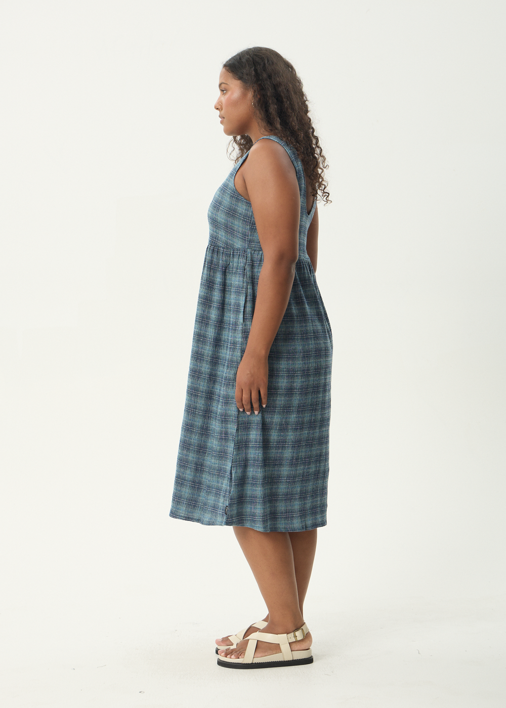 Womens Seersucker Midi Dress Position - Navy Check - AFENDS