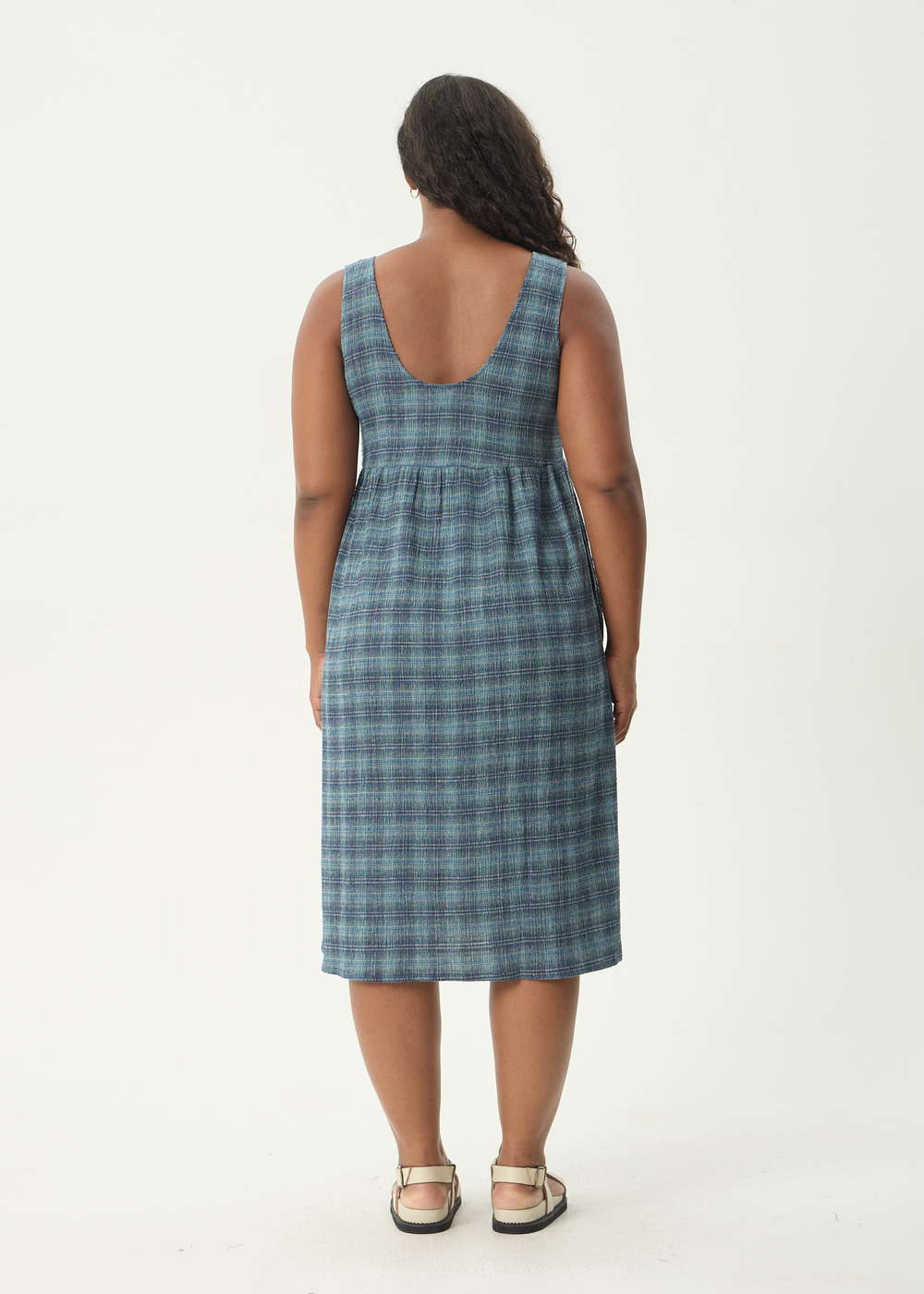 Womens Seersucker Midi Dress Position - Navy Check - AFENDS